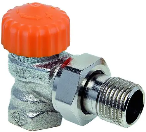 Thermostatventil mit orangefarbener Kunststoffkappe und metallischem Anschluss. Produkt von IMI Hydronic Engineering, geeignet für Heizungsinstallationen.
